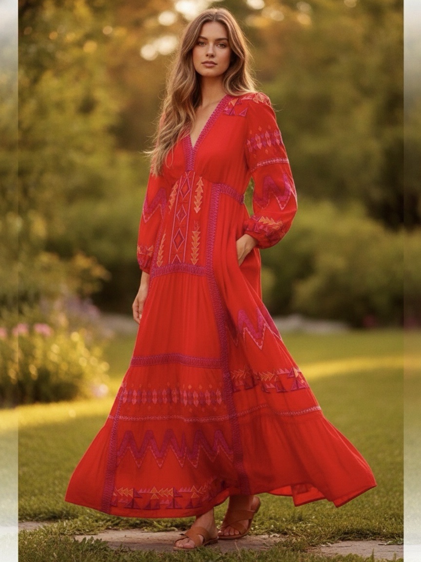 Nwt Hale Bob Fallin Poppy Red Embroidered Maxi Dress Sz M Boho Festival Vacation